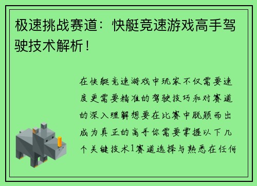 极速挑战赛道：快艇竞速游戏高手驾驶技术解析！